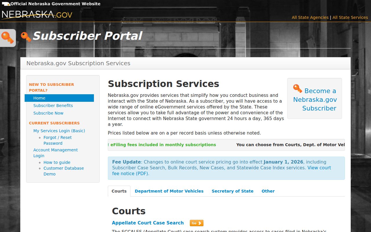 Thomas County case search Nebraska.gov subscriber pricing and service cards