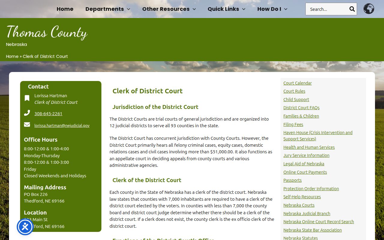 Thomas County civil dockets District Court clerk contact and jurisdiction page