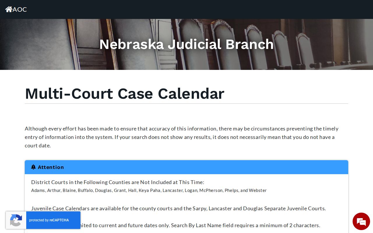 Multi-Court Case Calendar with County Court selected, county dropdown, date/last-name radios, Search and Reset