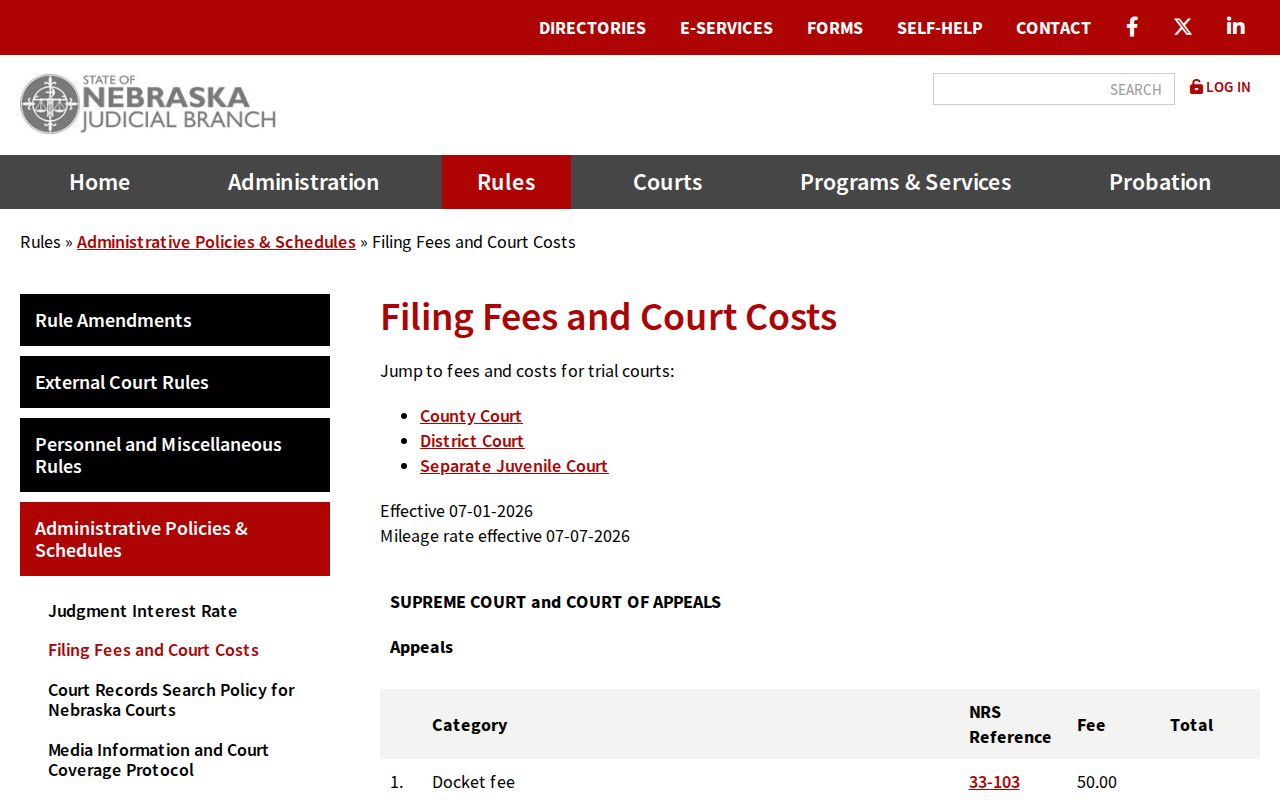 Thomas County court records current Nebraska court fee table