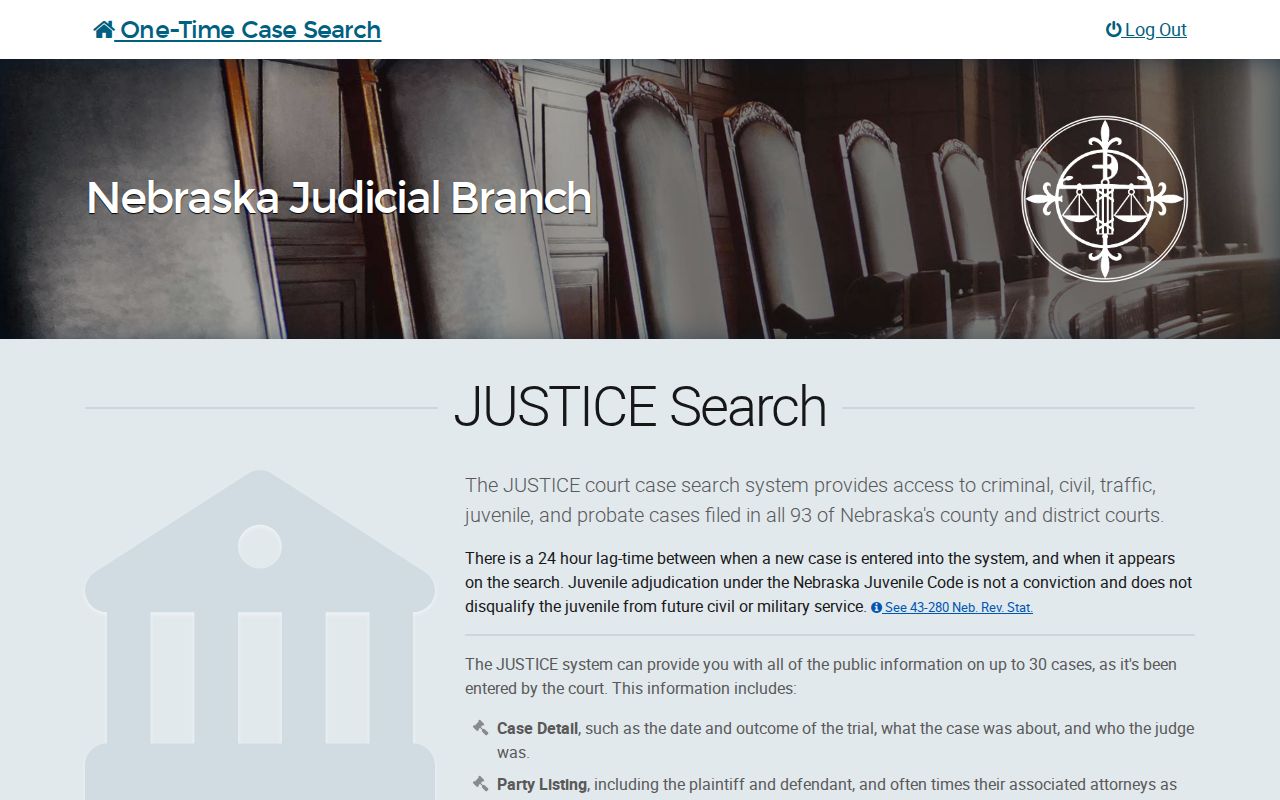 JUSTICE One-Time Court Case Search landing screen with scope, 24-hour lag, 30-case limit, agreement checkbox, and Begin Search button