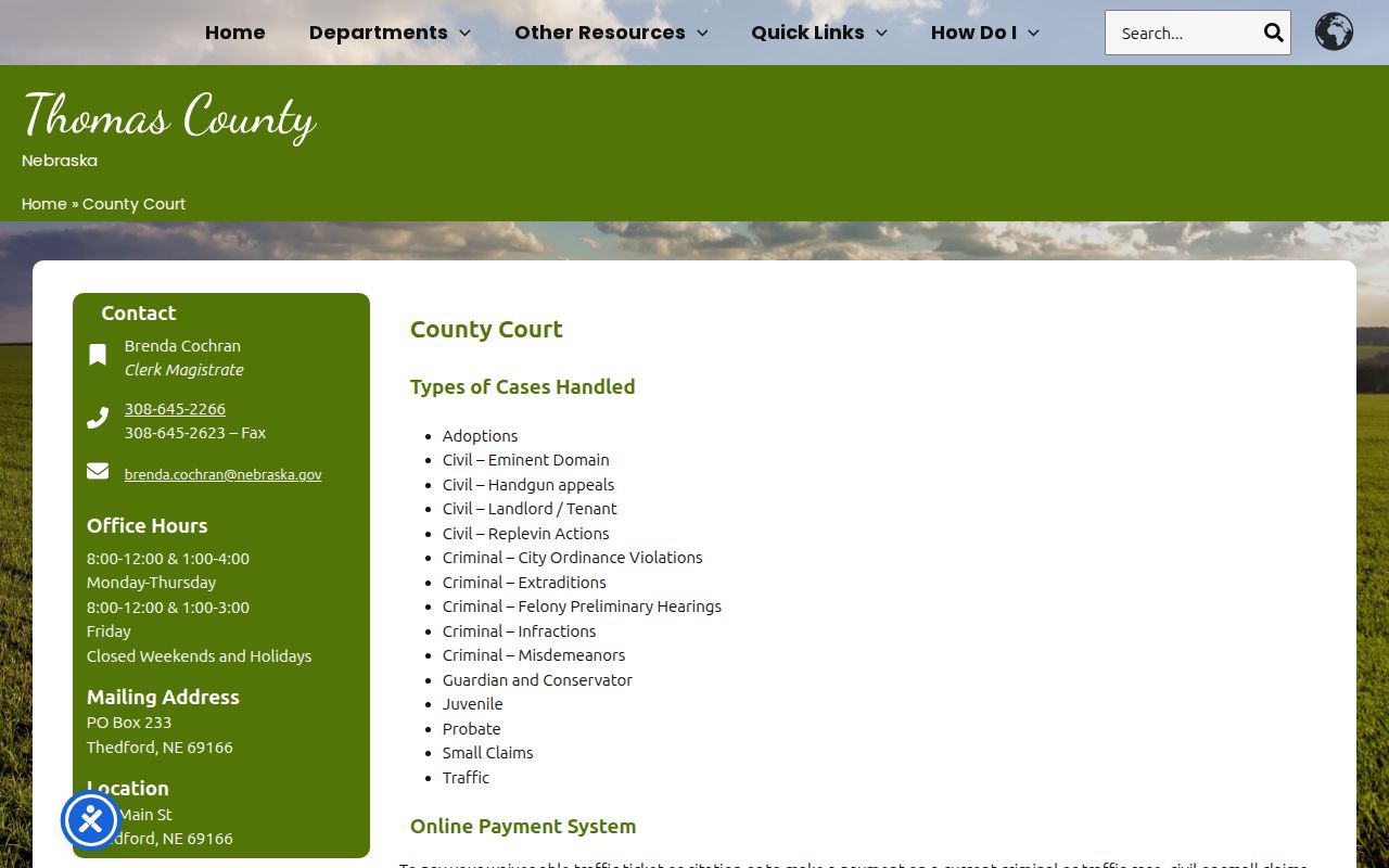 Thomas County court docket County Court clerk office information in Thedford